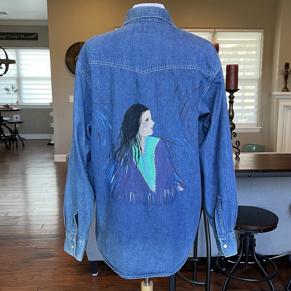 VTG Sunbelt Denim Pearl Snap Western Shirt M Hand Painted Roadrunner Shacket - Picture 3 of 16